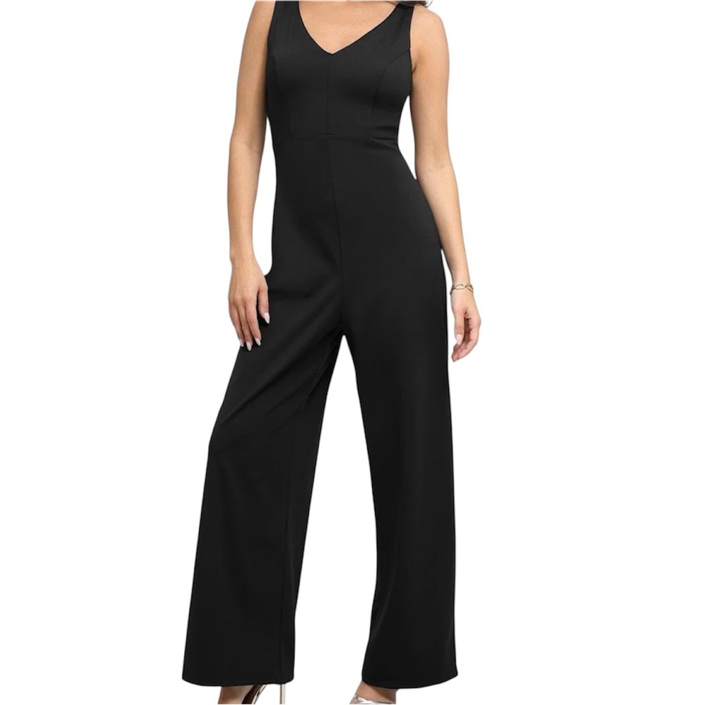 Crystal Sky Sz L Black Sleeveless V Neck and Back Wide Leg Stretch Jumpsuit